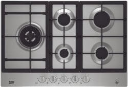 [HIAL75325SX] BEKO Taque Gaz inox 75 cm, 4 brûleurs + 1 Wok, boutons, Inox Beko
